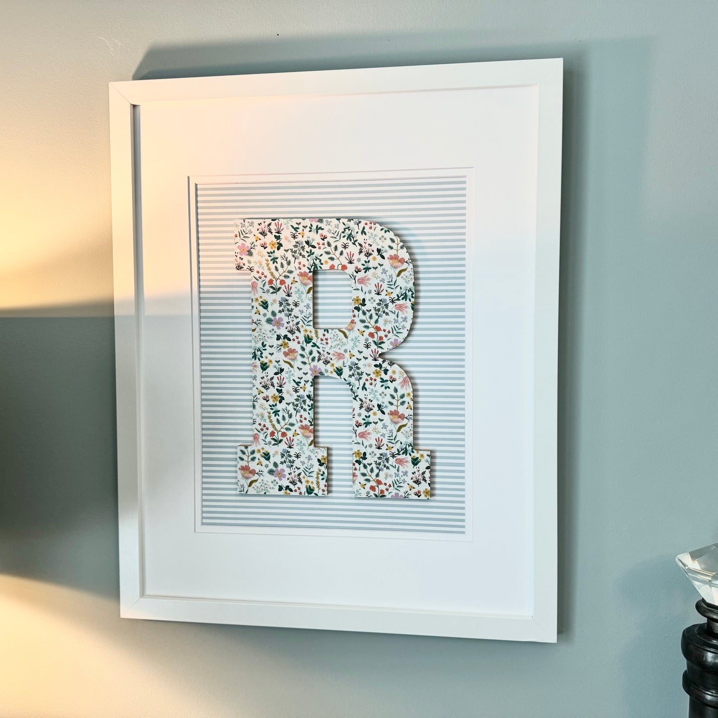Framed Floral Initial- Bramble Fields on Blue Stripe, 18x22 Frame
