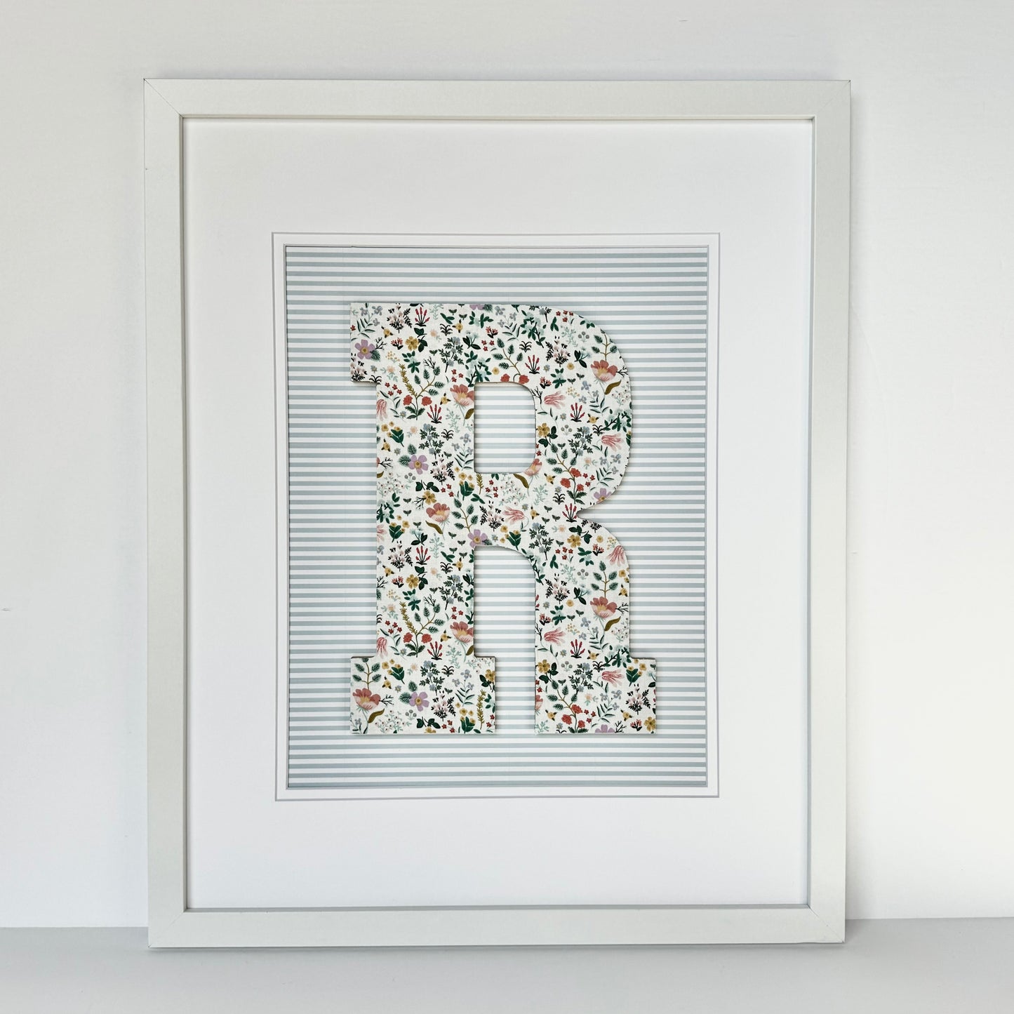 Framed Floral Initial- Bramble Fields on Blue Stripe, 18x22 Frame
