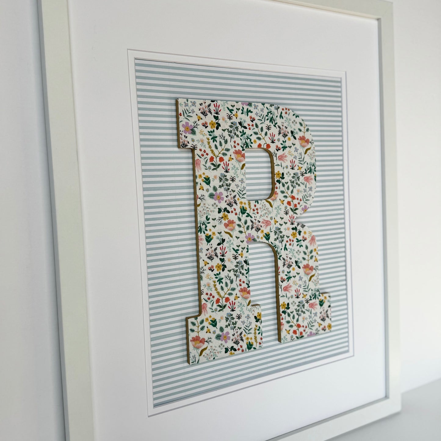 Framed Floral Initial- Bramble Fields on Blue Stripe, 18x22 Frame