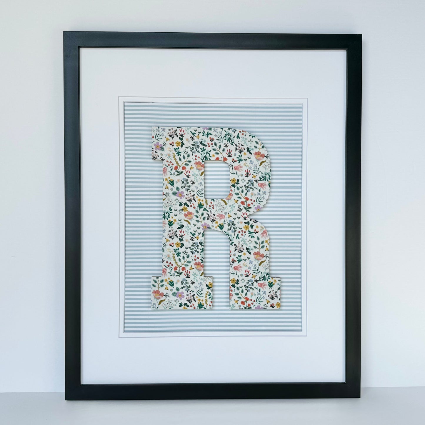Framed Floral Initial- Bramble Fields on Blue Stripe, 18x22 Frame