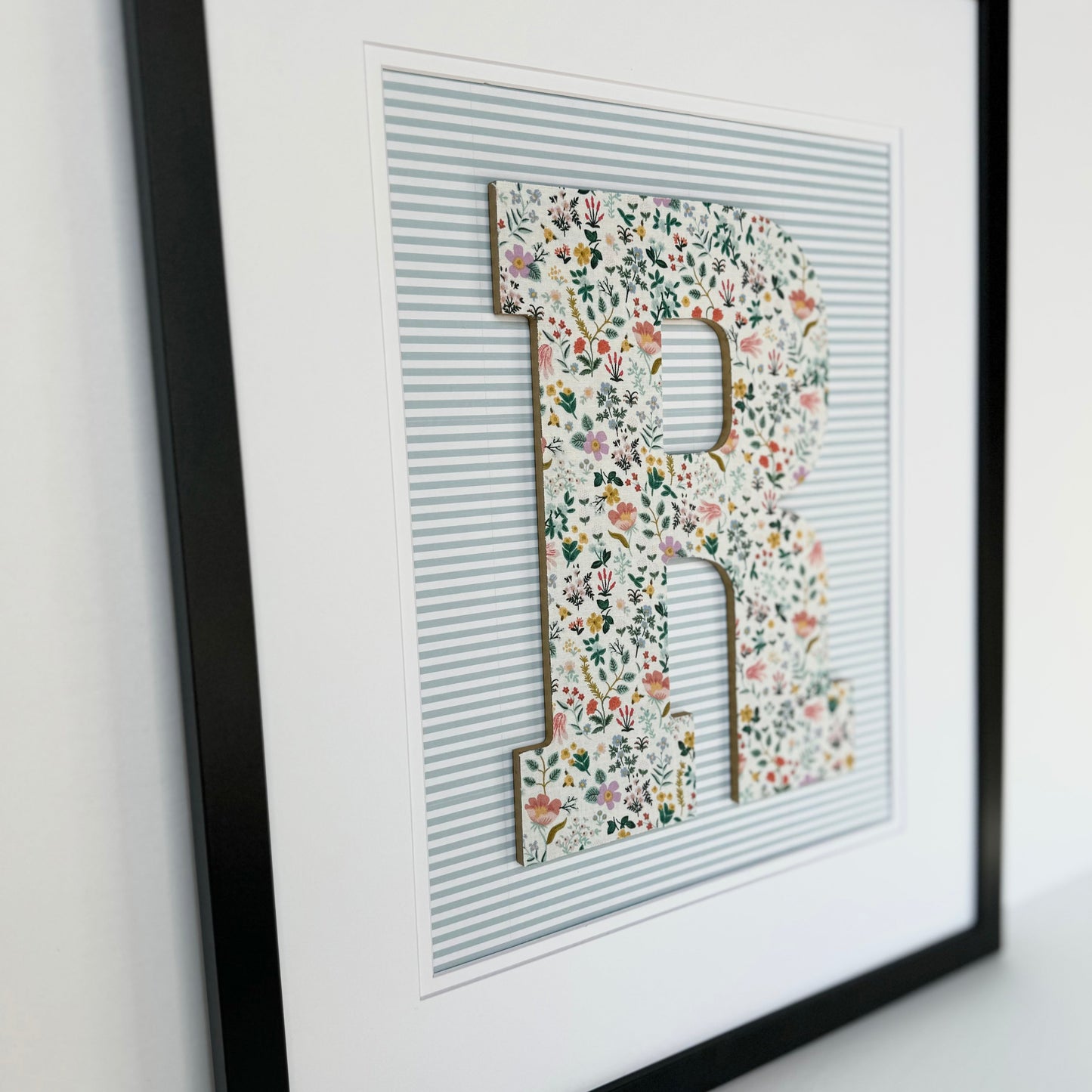 Framed Floral Initial- Bramble Fields on Blue Stripe, 18x22 Frame