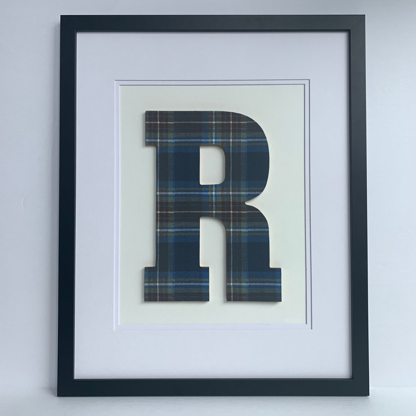 Framed Blue & Brown Plaid Initial on Light Flannel 18x22" Frame