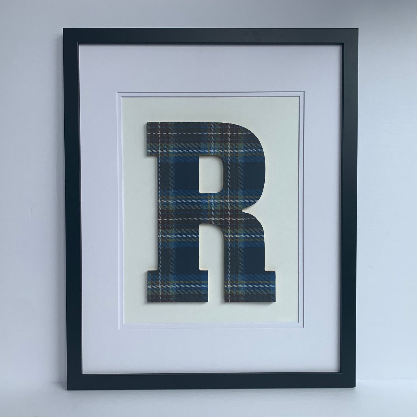 Framed Blue & Brown Plaid Initial on Light Flannel 18x22" Frame