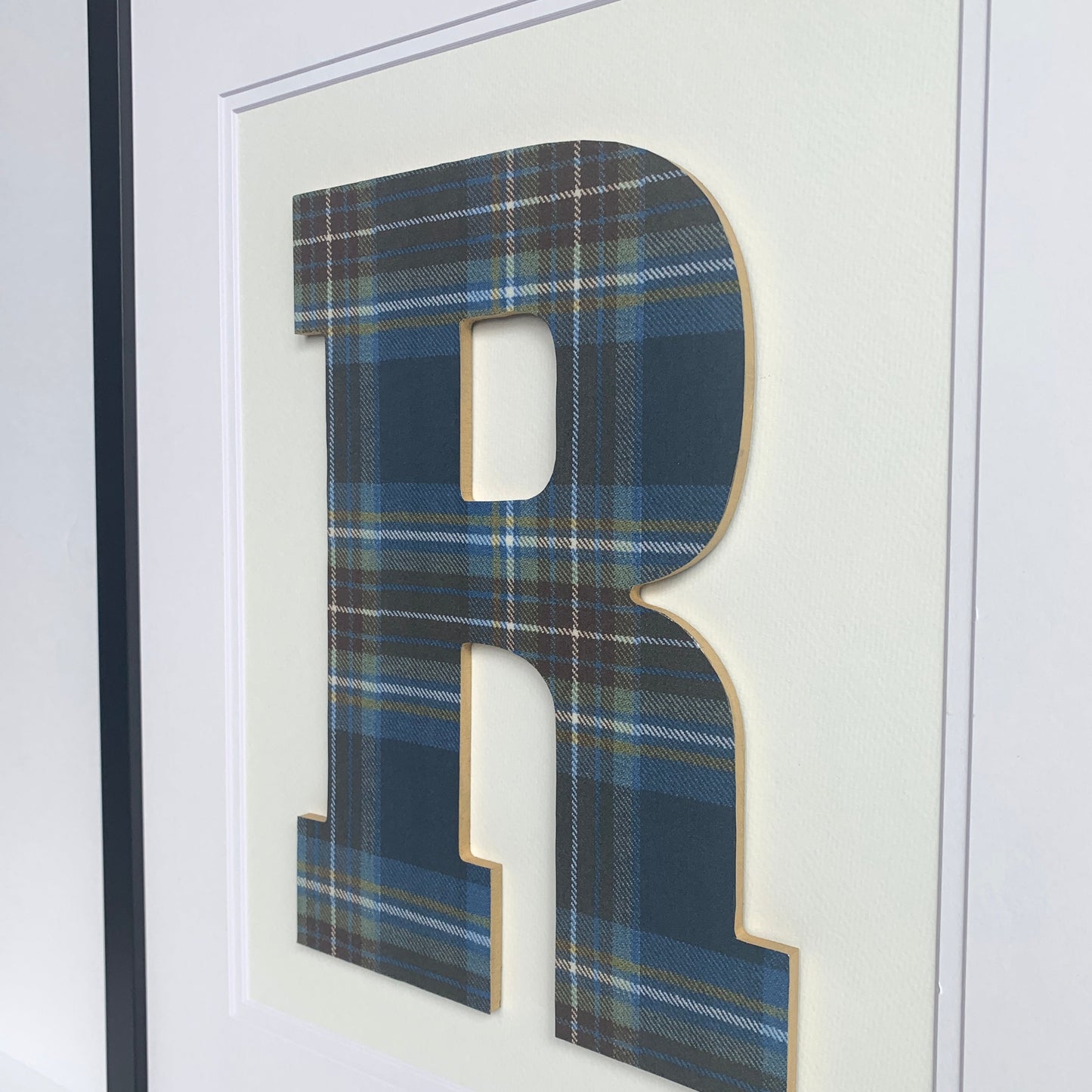 Framed Blue & Brown Plaid Initial on Light Flannel 18x22" Frame
