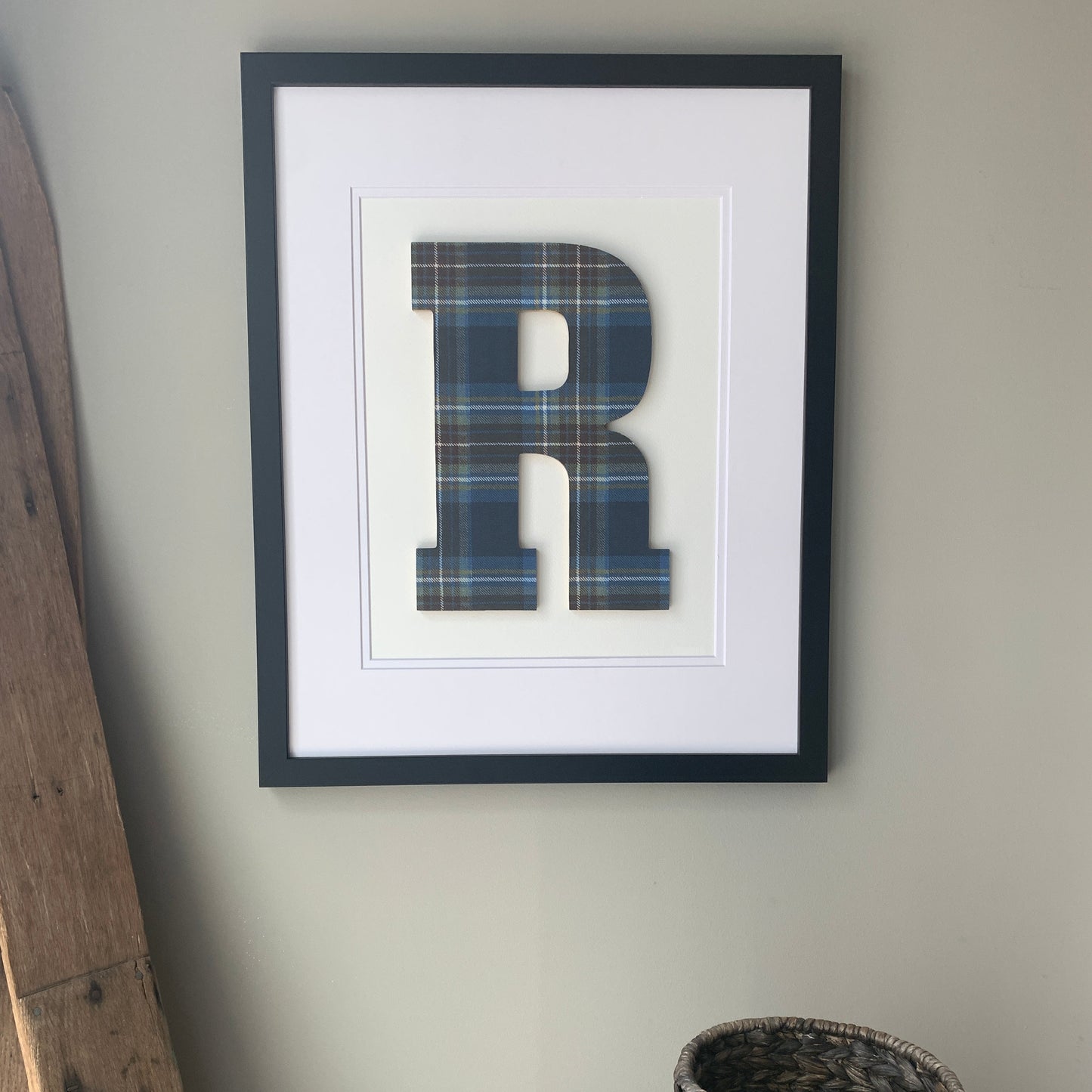 Framed Blue & Brown Plaid Initial on Light Flannel 18x22" Frame
