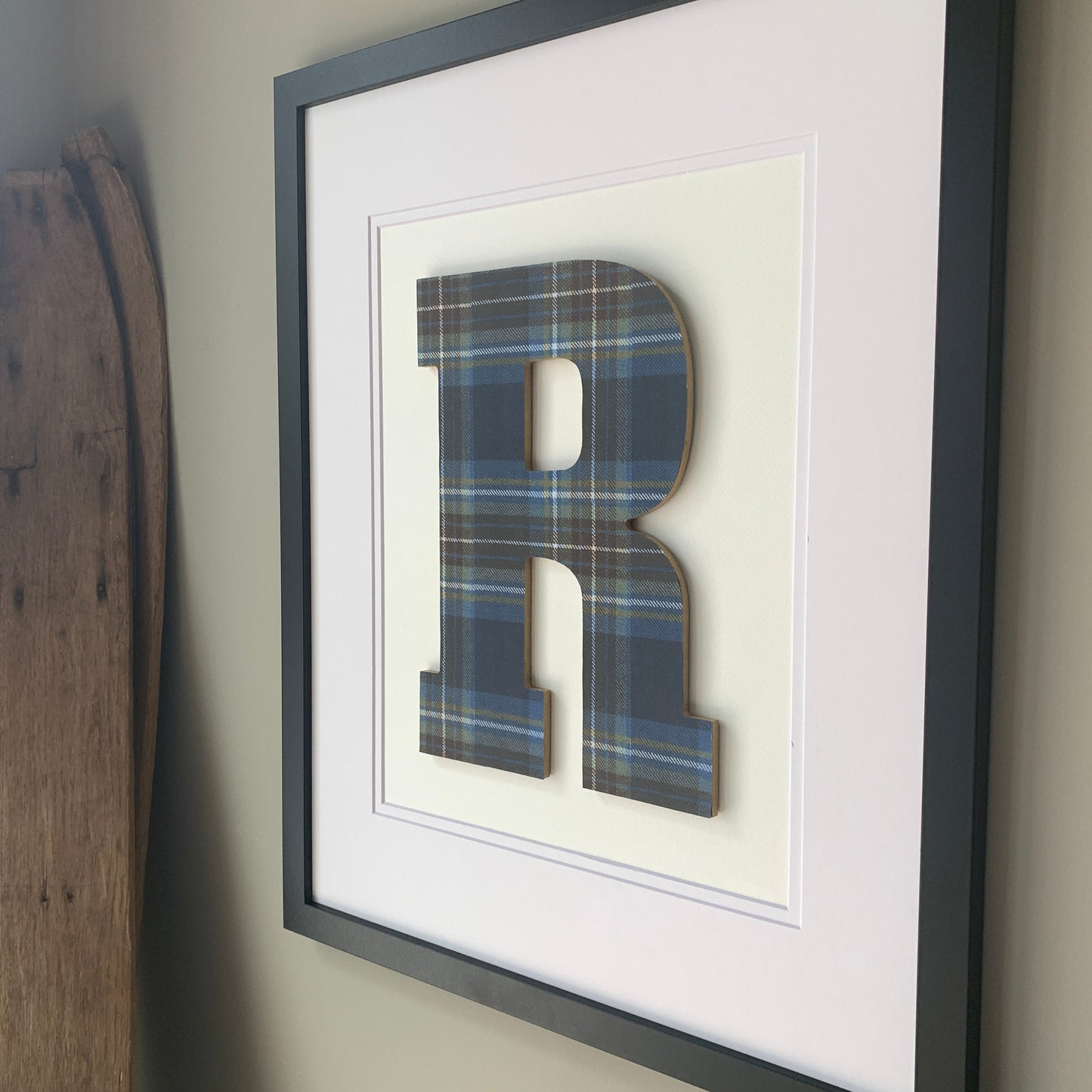 Blue and Brown Plaid Monogram Initial R framed in Black