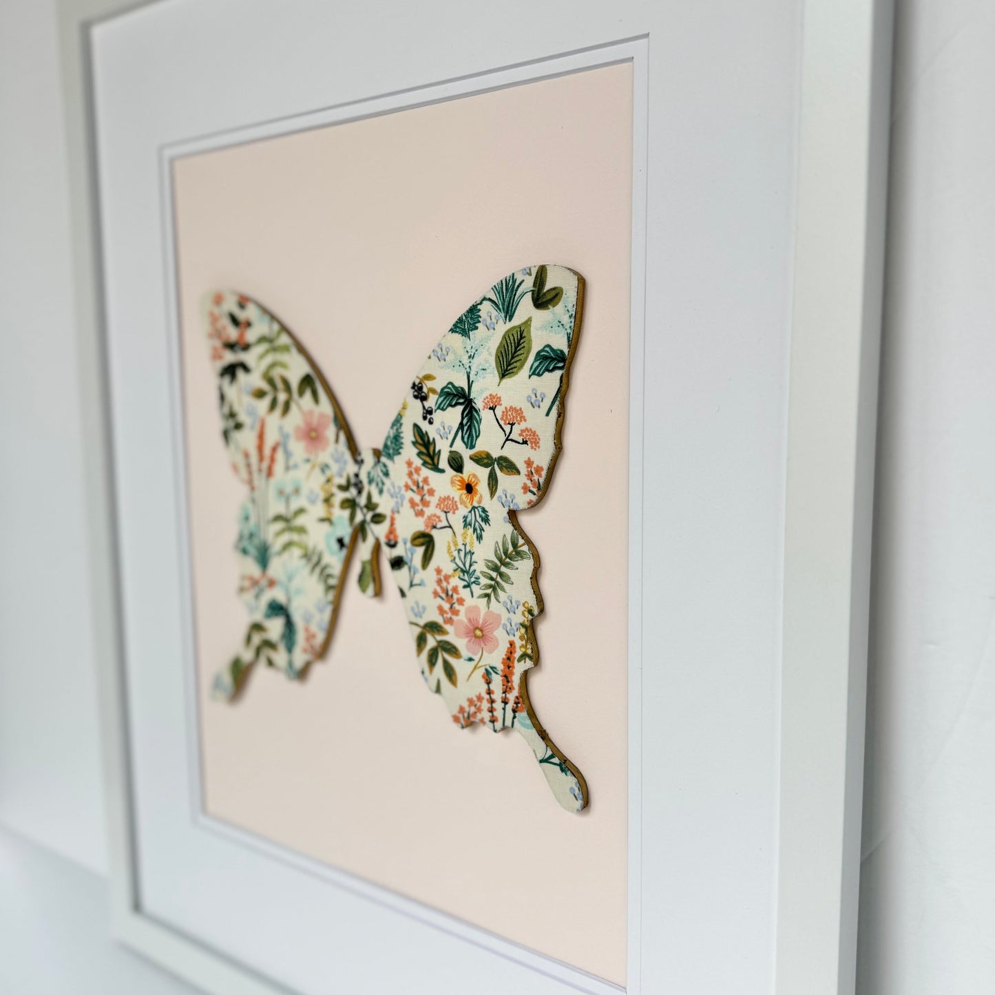 Framed Floral Butterfly, Herb Garden on Pale Pink, 18x22 Frame