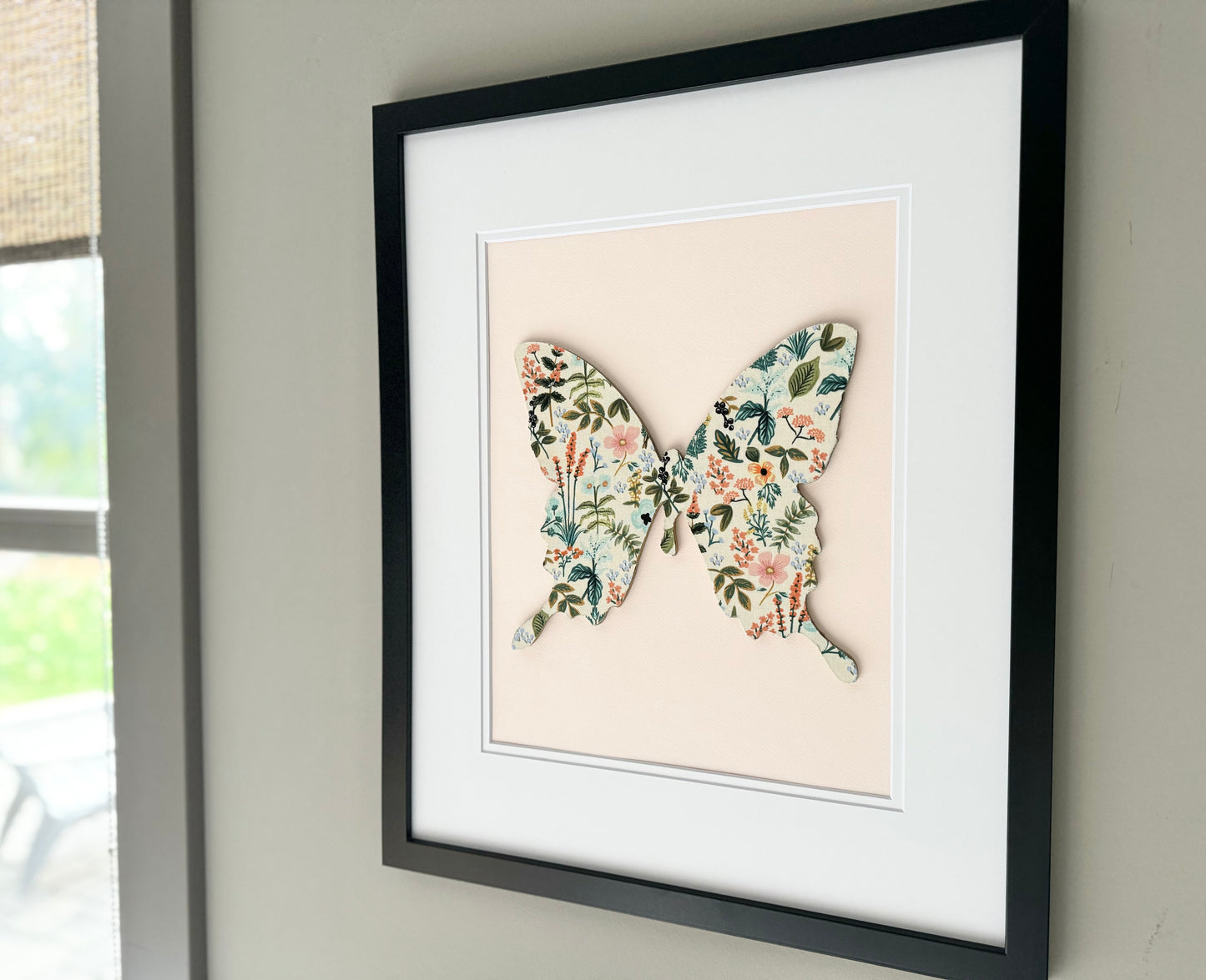 Framed Floral Butterfly, Herb Garden on Pale Pink, 18x22 Frame