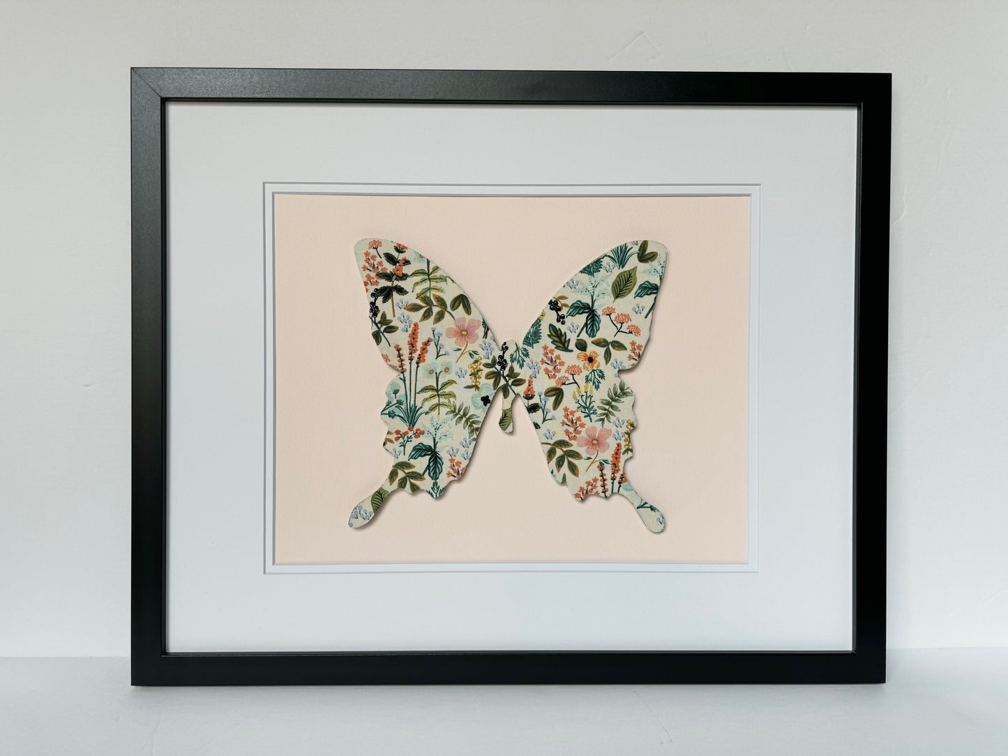 Framed Floral Butterfly, Herb Garden on Pale Pink, 18x22 Frame