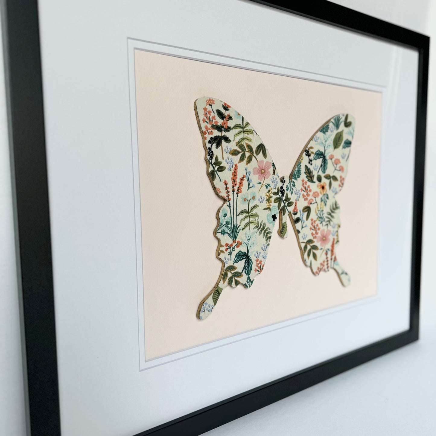 Framed Floral Butterfly, Herb Garden on Pale Pink, 18x22 Frame