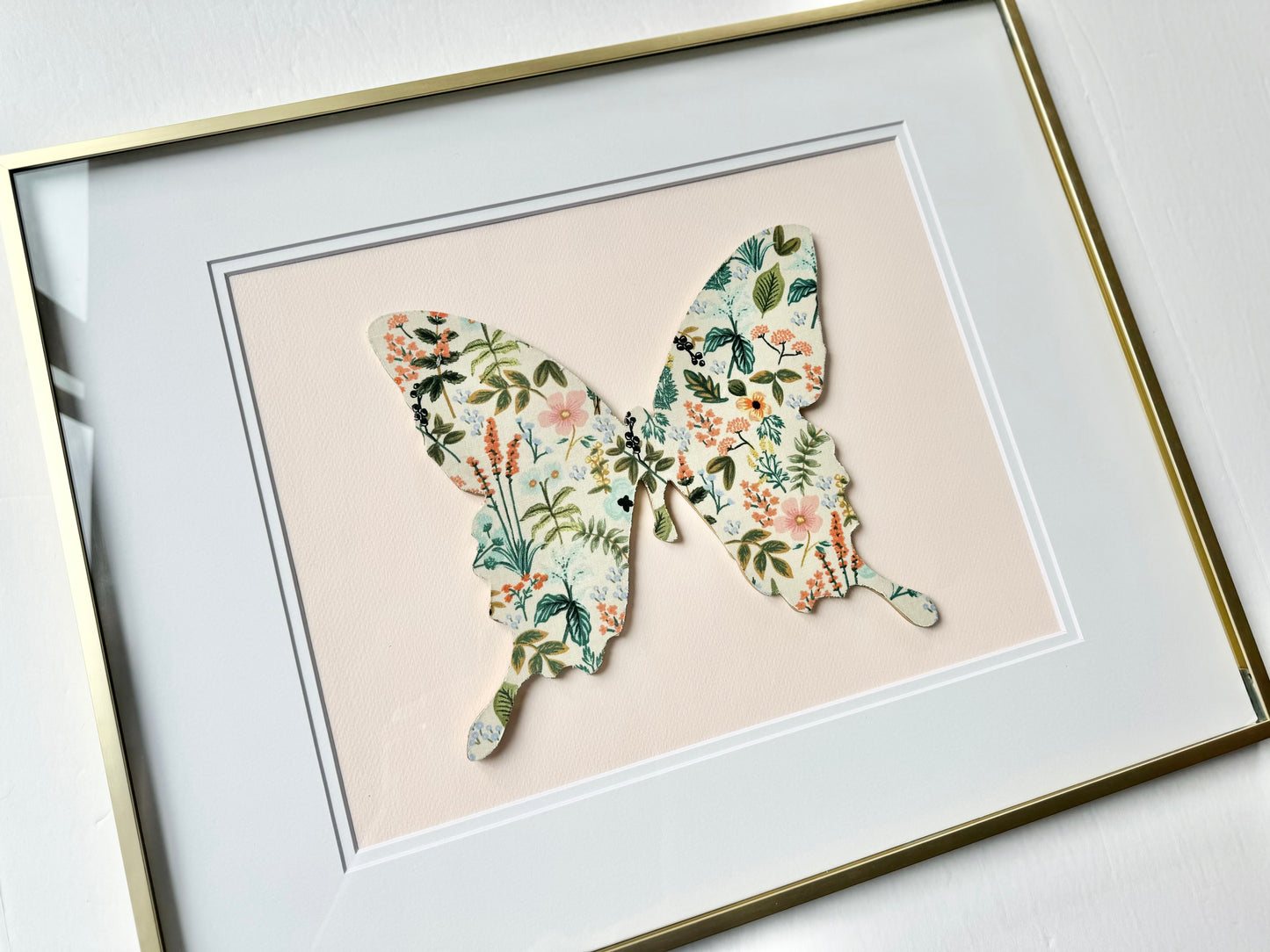Framed Floral Butterfly, Herb Garden on Pale Pink, 18x22 Frame