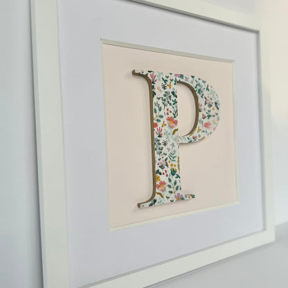 Framed Floral Initial- 12x12" Frame, Bramble Fields on Pale Pink