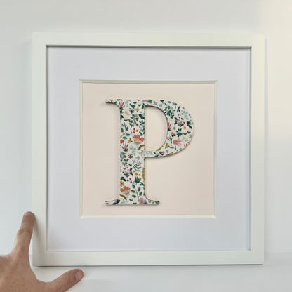 Framed Floral Initial- 12x12" Frame, Bramble Fields on Pale Pink