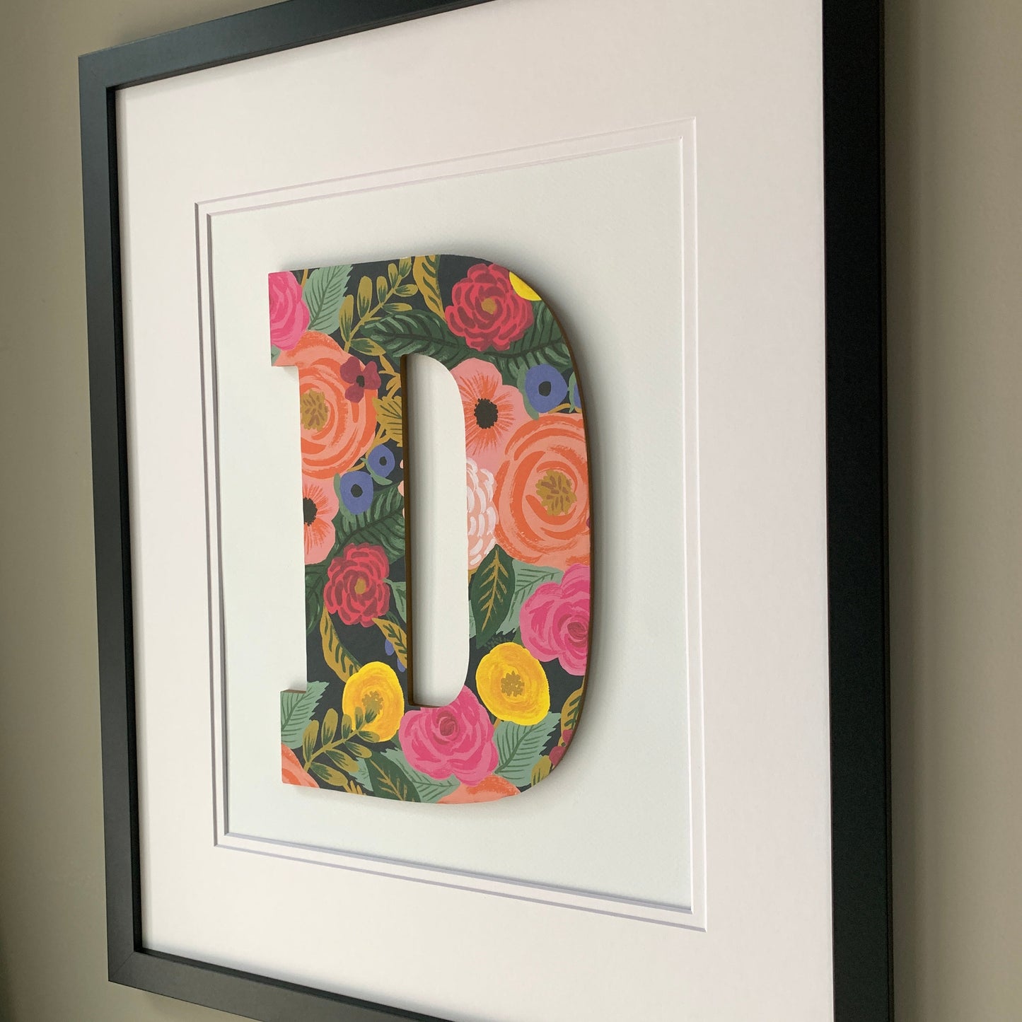 Framed Floral Letter- Dark Floral on White, 18x22" Frame