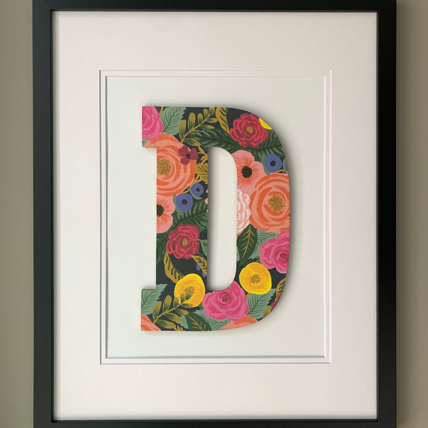 Framed Floral Letter- Dark Floral on White, 18x22" Frame