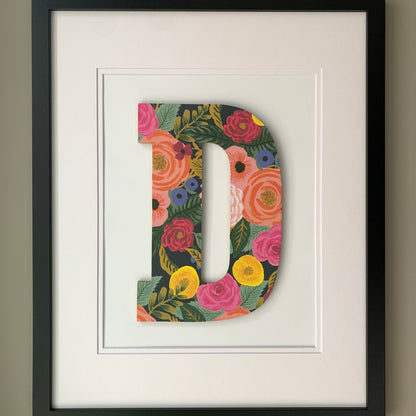 Framed Floral Letter- Dark Floral on White, 18x22" Frame