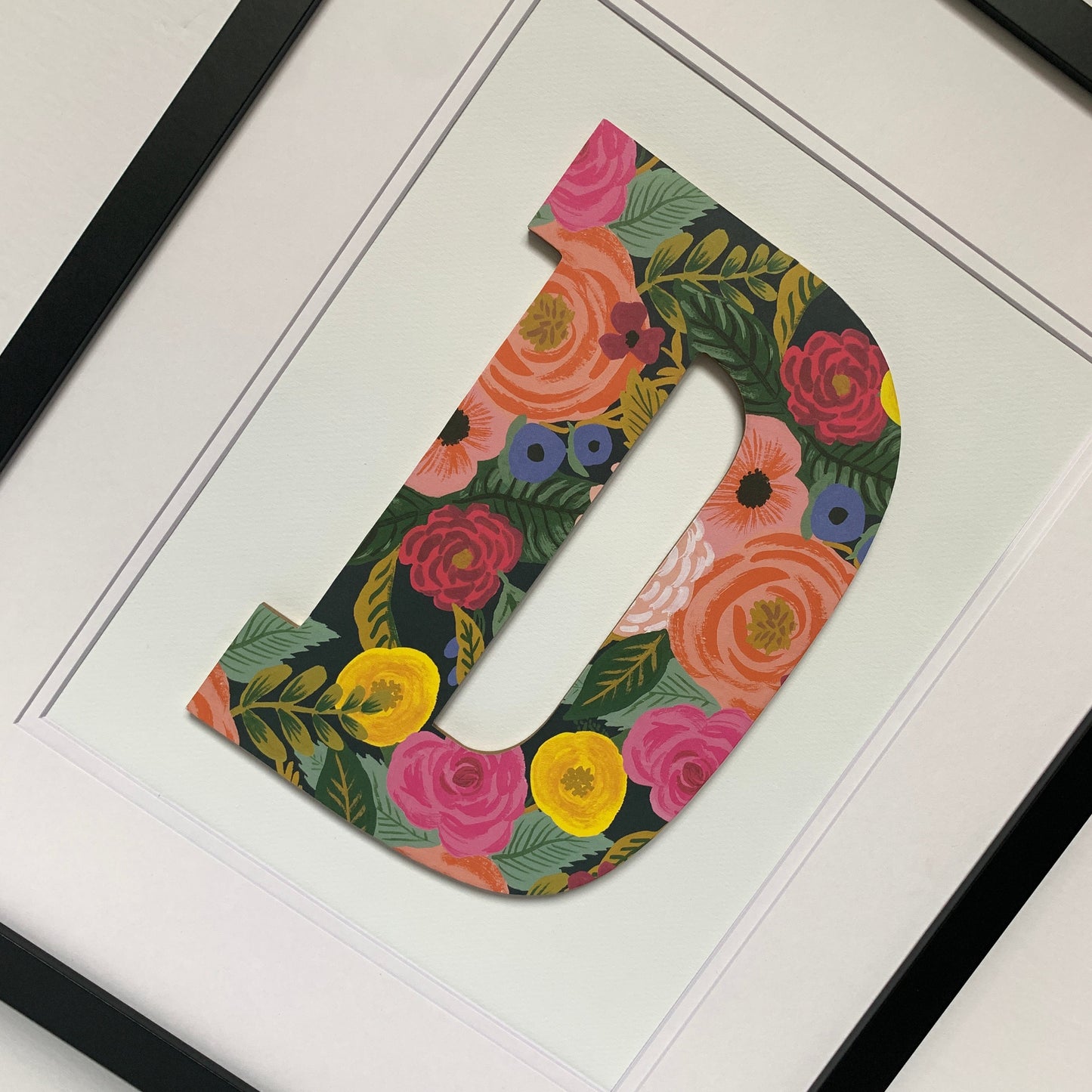 Framed Floral Letter- Dark Floral on White, 18x22" Frame