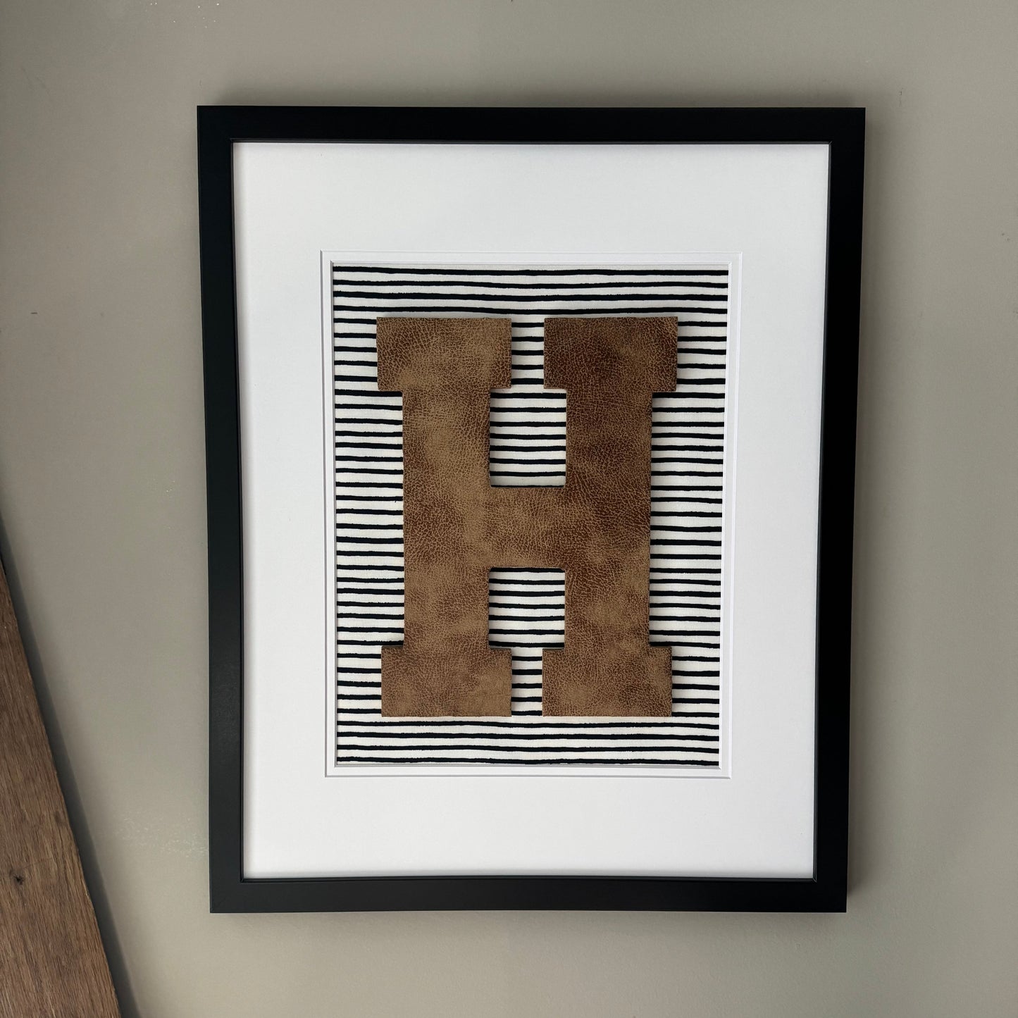 Framed Leather Initial- Navy Wavy Stripe, 18x22" Frame