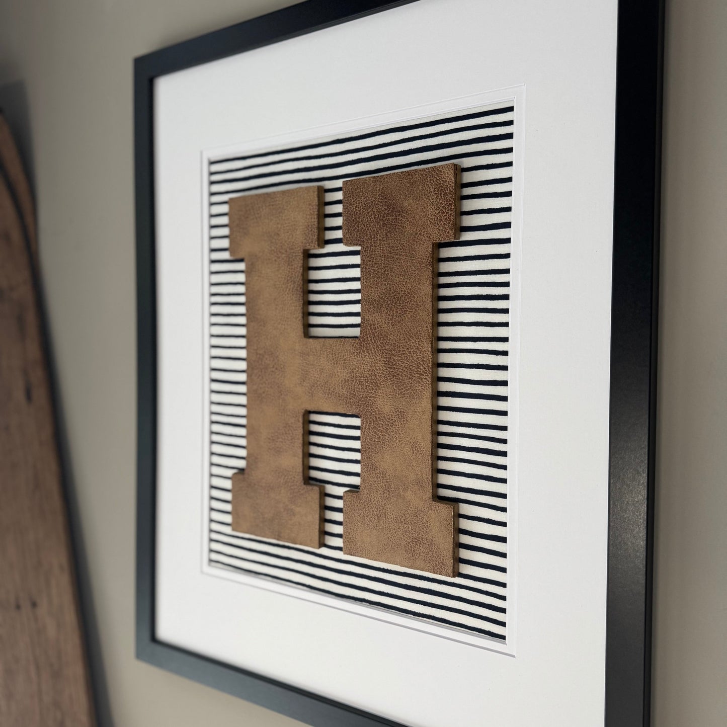 Framed Leather Initial- Navy Wavy Stripe, 18x22" Frame