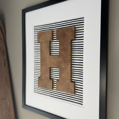 Framed Leather Initial- Navy Wavy Stripe, 18x22" Frame