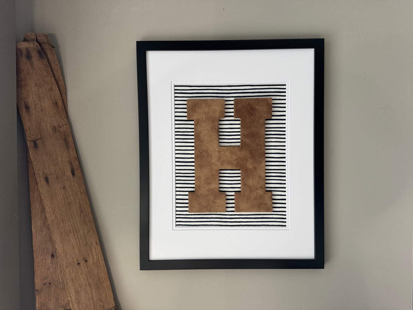 Framed Leather Initial- Navy Wavy Stripe, 18x22" Frame