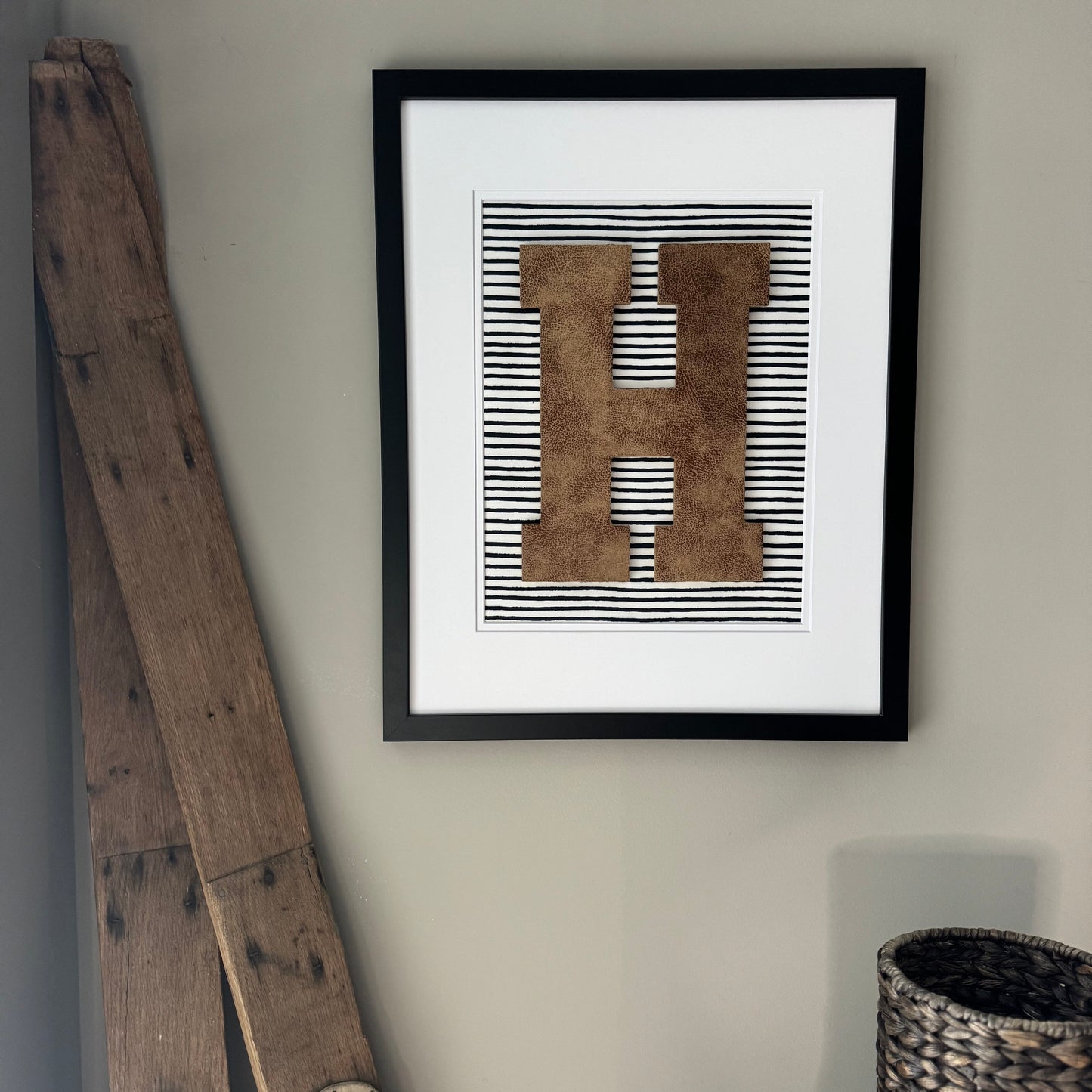 Framed Leather Initial- Navy Wavy Stripe, 18x22" Frame