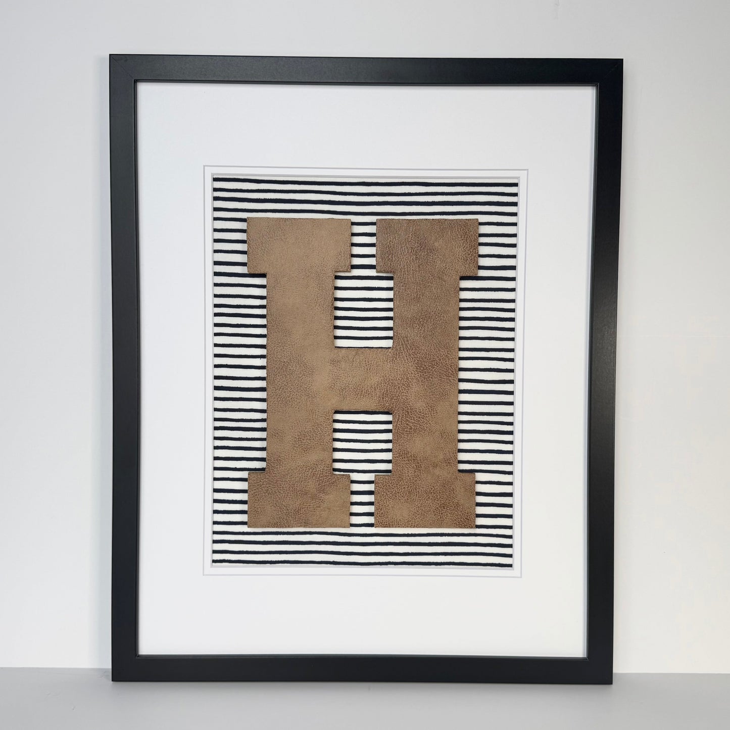 Framed Leather Initial- Navy Wavy Stripe, 18x22" Frame