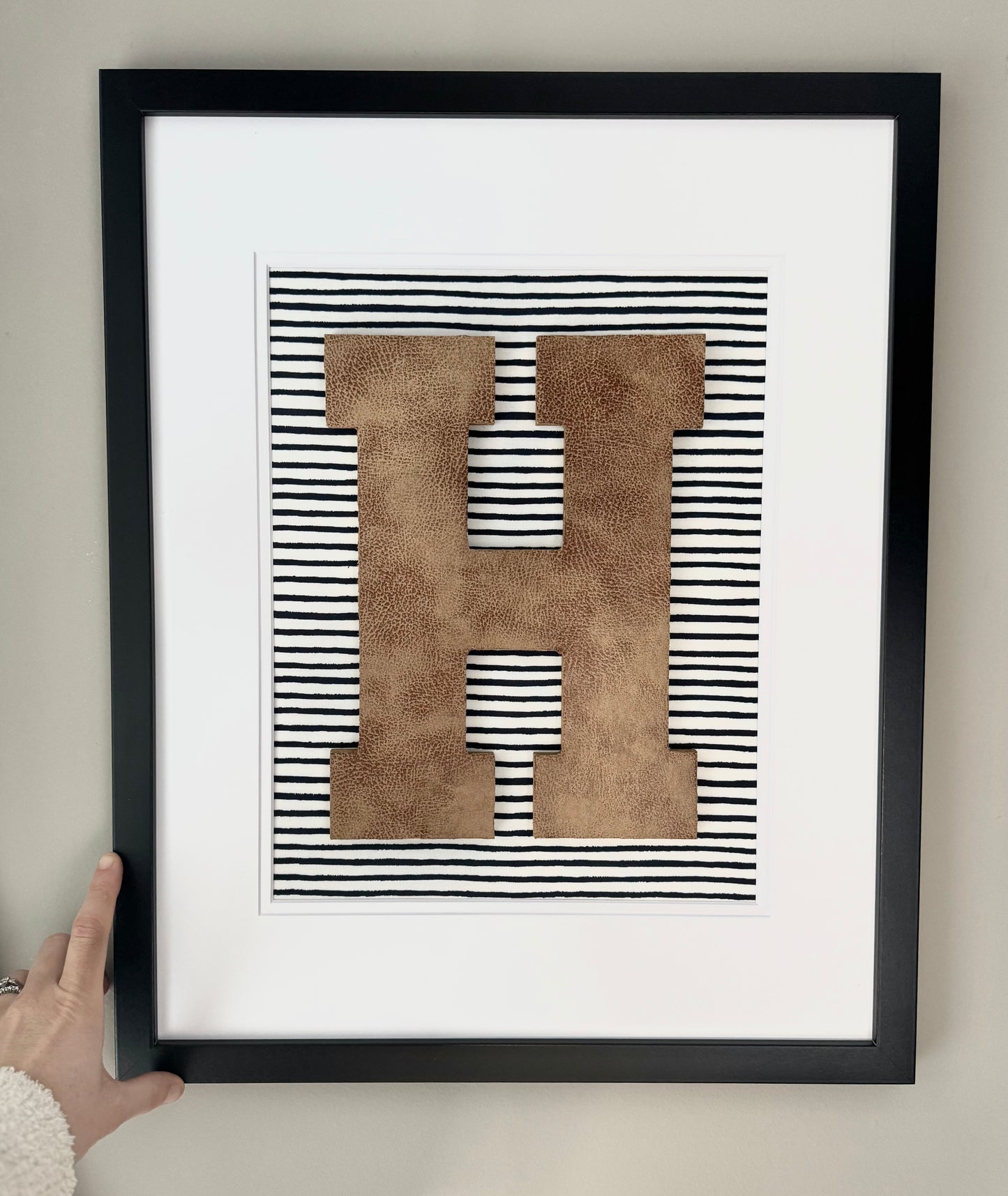 Framed Leather Initial- Navy Wavy Stripe, 18x22" Frame