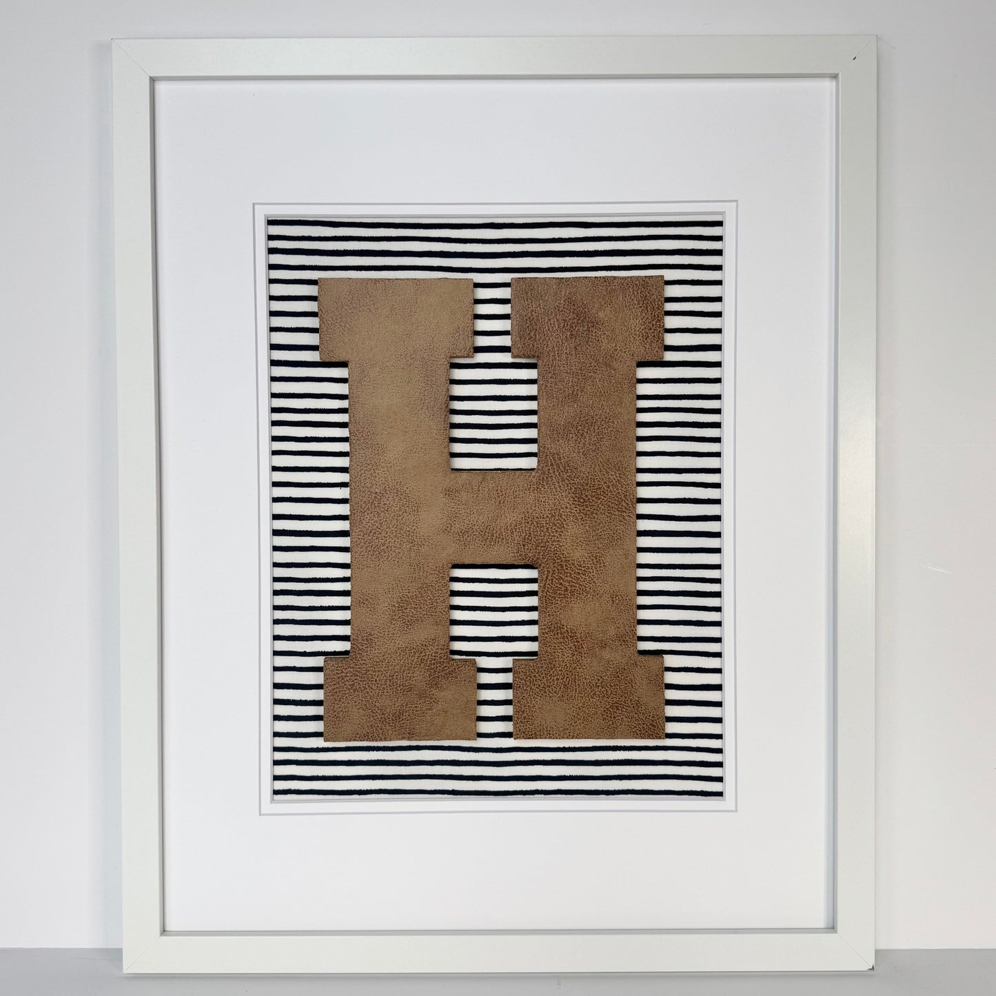 Framed Leather Initial- Navy Wavy Stripe, 18x22" Frame