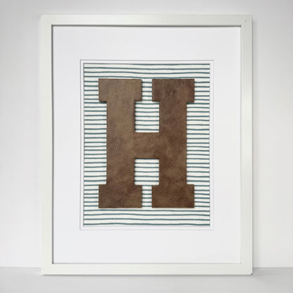 Framed Leather Initial on Light Blue Wavy Stripe, 18x22" Frame