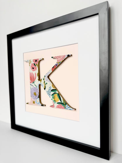 Framed Floral Girls Nursery Initial- Garden Party on Ivory on Pale Pink, 12x12" Frame