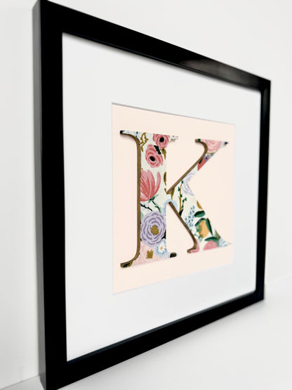 Framed Floral Girls Nursery Initial- Garden Party on Ivory on Pale Pink, 12x12" Frame