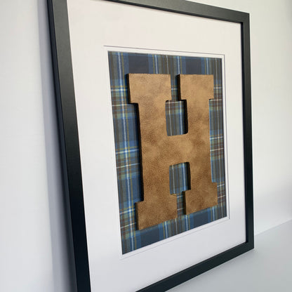 Framed Leather Initial on Blue & Brown Plaid, 18x22" Frame