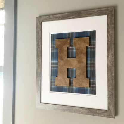 Framed Leather Initial on Blue & Brown Plaid, 18x22" Frame