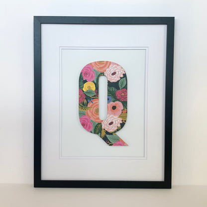 Framed Floral Letter- Dark Floral on White, 18x22" Frame