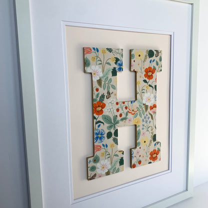 Framed Floral Initial- Strawberry Fields on Pale Pink, 18x22" Frame