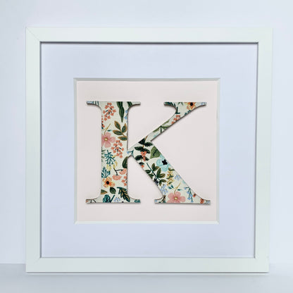 Framed Floral Initial- 12x12" Frame, Herb Garden on Pale Pink