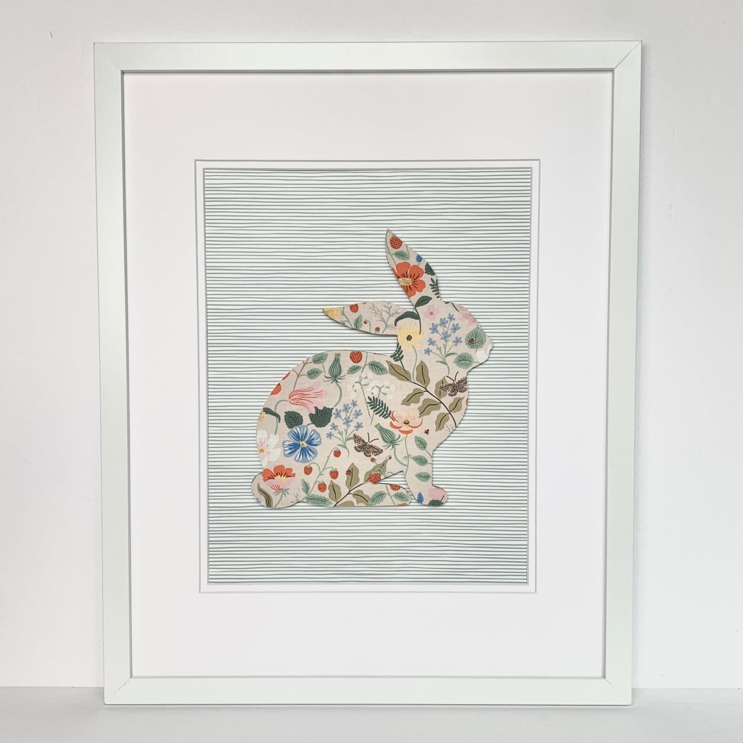 Framed Floral Bunny, Strawberry Fields on Blue Stripe, 18x22 Frame