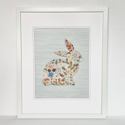 Framed Floral Bunny, Strawberry Fields on Blue Stripe, 18x22 Frame