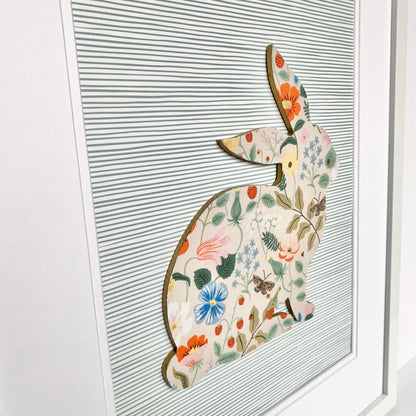 Framed Floral Bunny, Strawberry Fields on Blue Stripe, 18x22 Frame