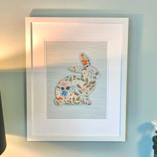 Framed Floral Bunny, Strawberry Fields on Blue Stripe, 18x22 Frame