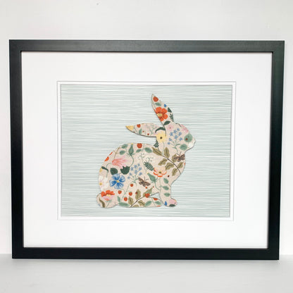 Framed Floral Bunny, Strawberry Fields on Blue Stripe, 18x22 Frame