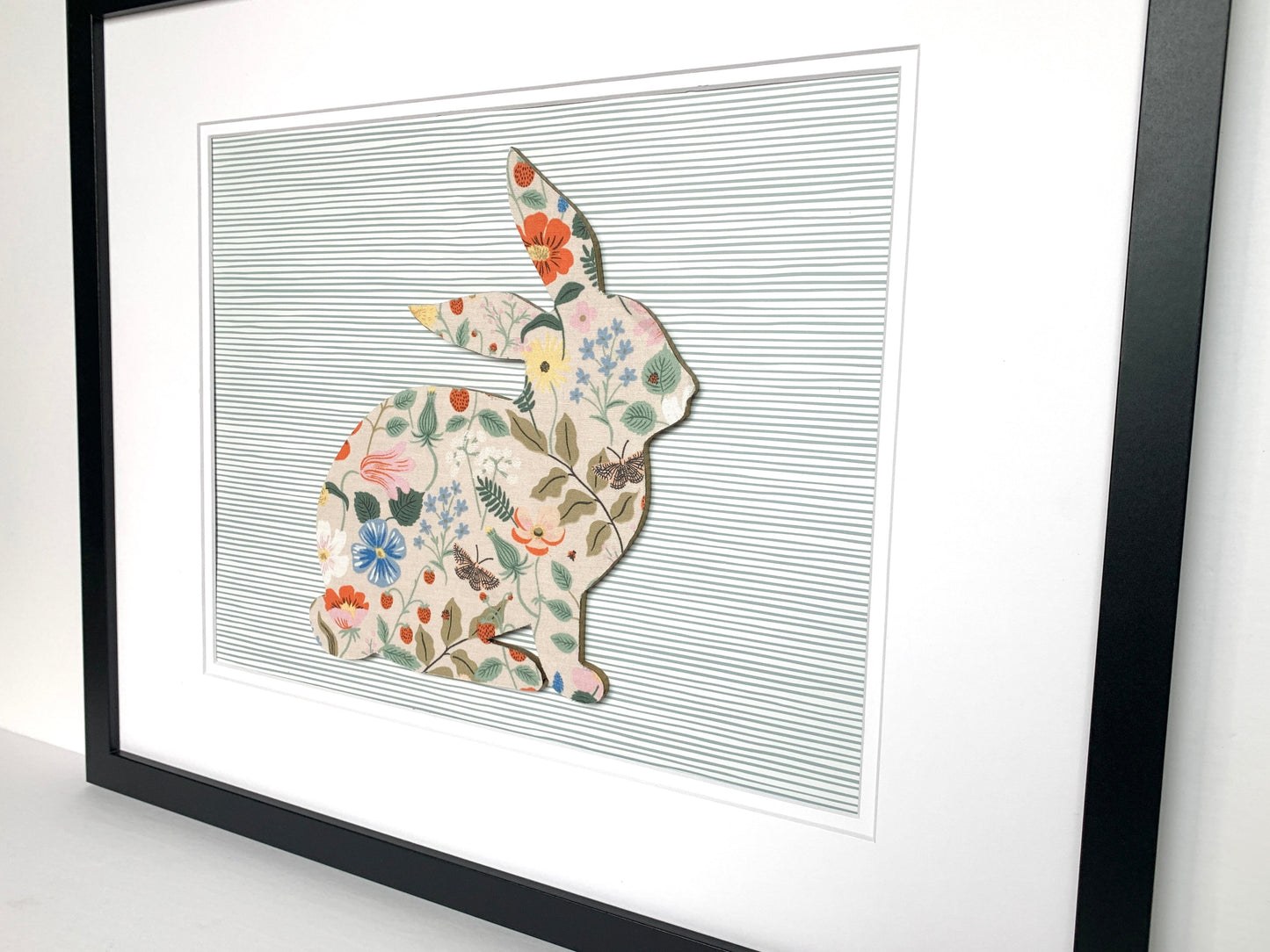 Framed Floral Bunny, Strawberry Fields on Blue Stripe, 18x22 Frame