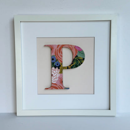 Framed Floral Initial- 12x12" Frame, Dark Floral on Pale Pink