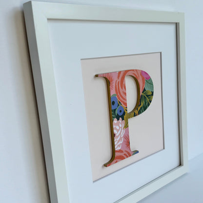 Framed Floral Initial- 12x12" Frame, Dark Floral on Pale Pink