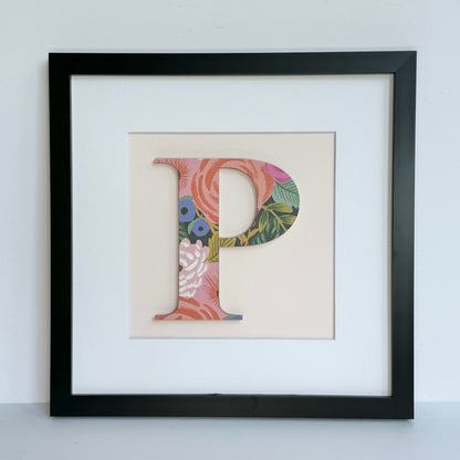 Framed Floral Initial- 12x12" Frame, Dark Floral on Pale Pink