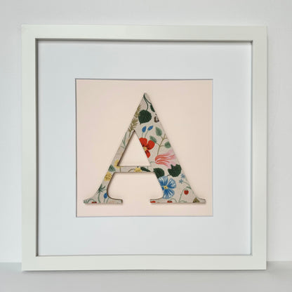 Framed Floral Initial- 12x12" Frame, Strawberry Fields on Pale Pink
