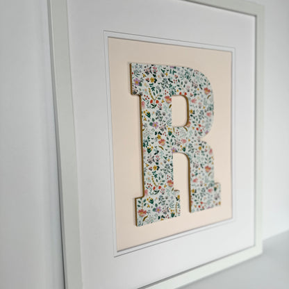Framed Floral Initial- Bramble Fields on Pale Pink, 18x22 Frame