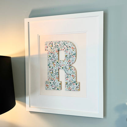 Framed Floral Initial- Bramble Fields on Pale Pink, 18x22 Frame