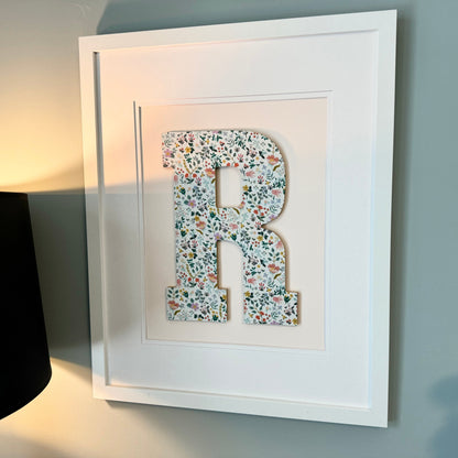 Framed Floral Initial- Bramble Fields on Pale Pink, 18x22 Frame